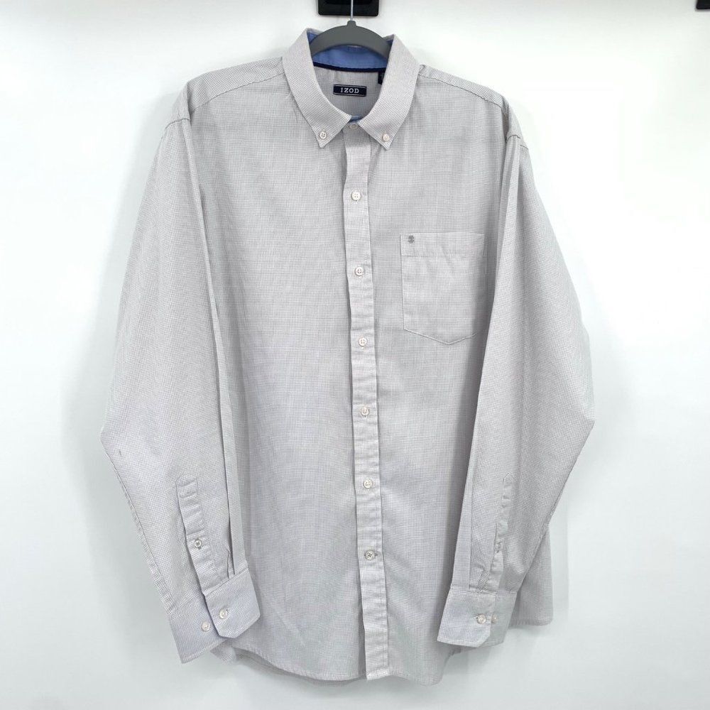 IZOD Beige & White Pin‎ Check Men's Long Sleeve Shirt Size Large - Picture 4 of 8